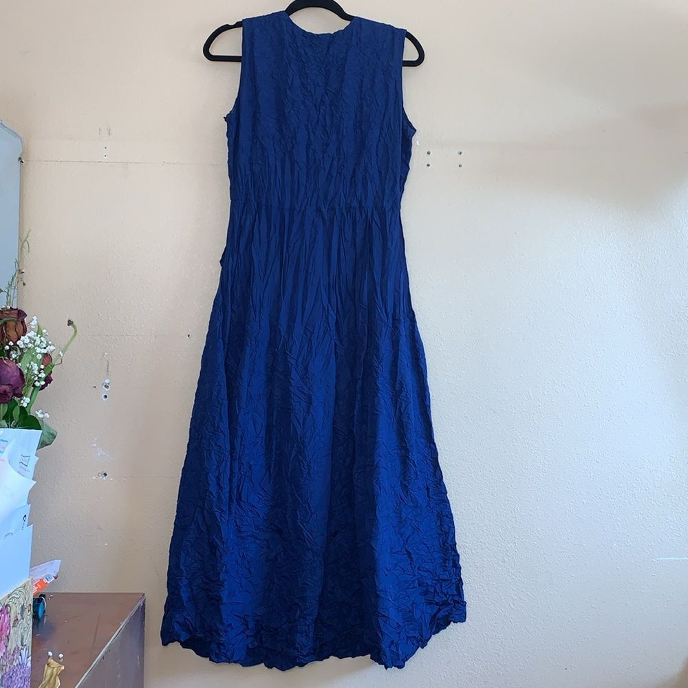 Lindi Blue Polyester Shell Lined Smash Crinkle V Neck Tank Maxi Dress size Small - Picture 2 of 4